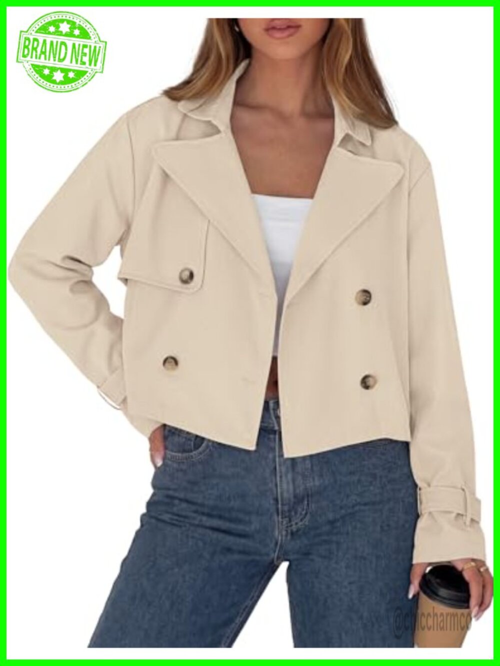 PRETTYGARDEN Cropped Trench Coat Double Breasted Short Jacket